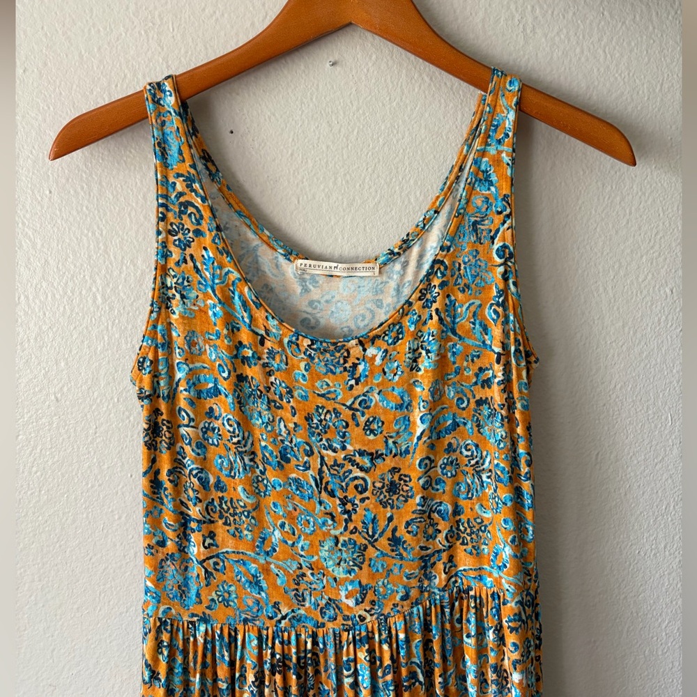 Peruvian Connection Amalfi Cotton Floral Maxi Dress Mandarin Orange Blue Small - Picture 5 of 13
